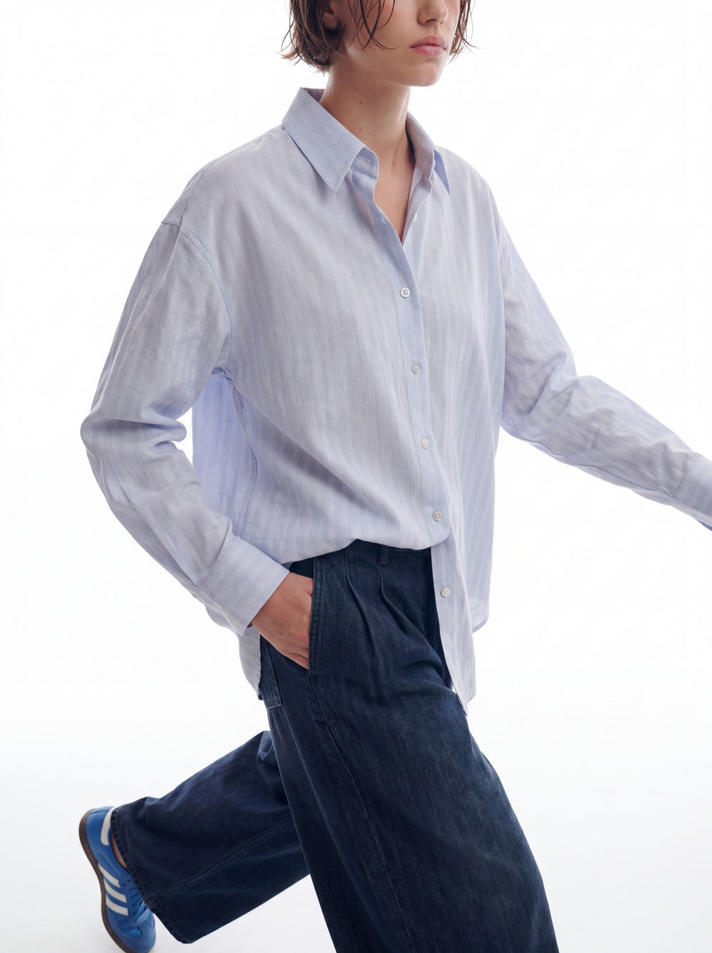 BRITISH POPLIN OVERSIZE CIZGILI GOMLEK MAVI