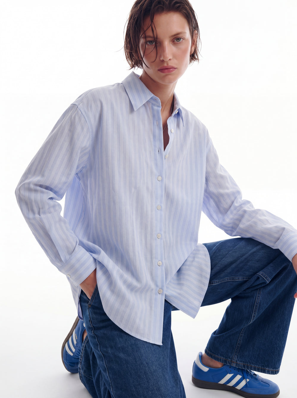 BRITISH POPLIN OVERSIZE CIZGILI GOMLEK MAVI