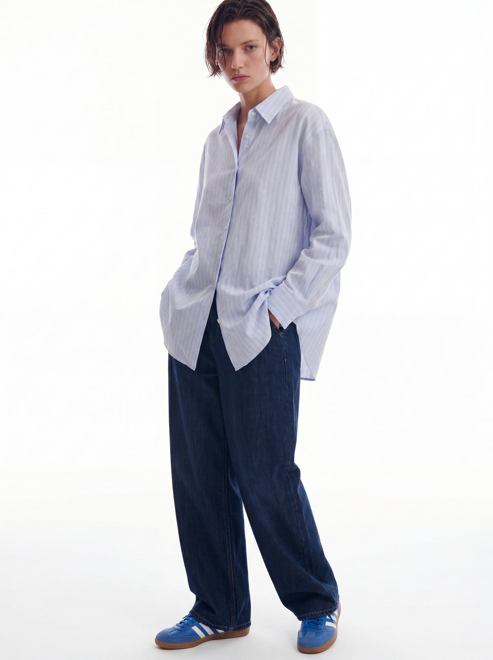 BRITISH POPLIN OVERSIZE CIZGILI GOMLEK MAVI