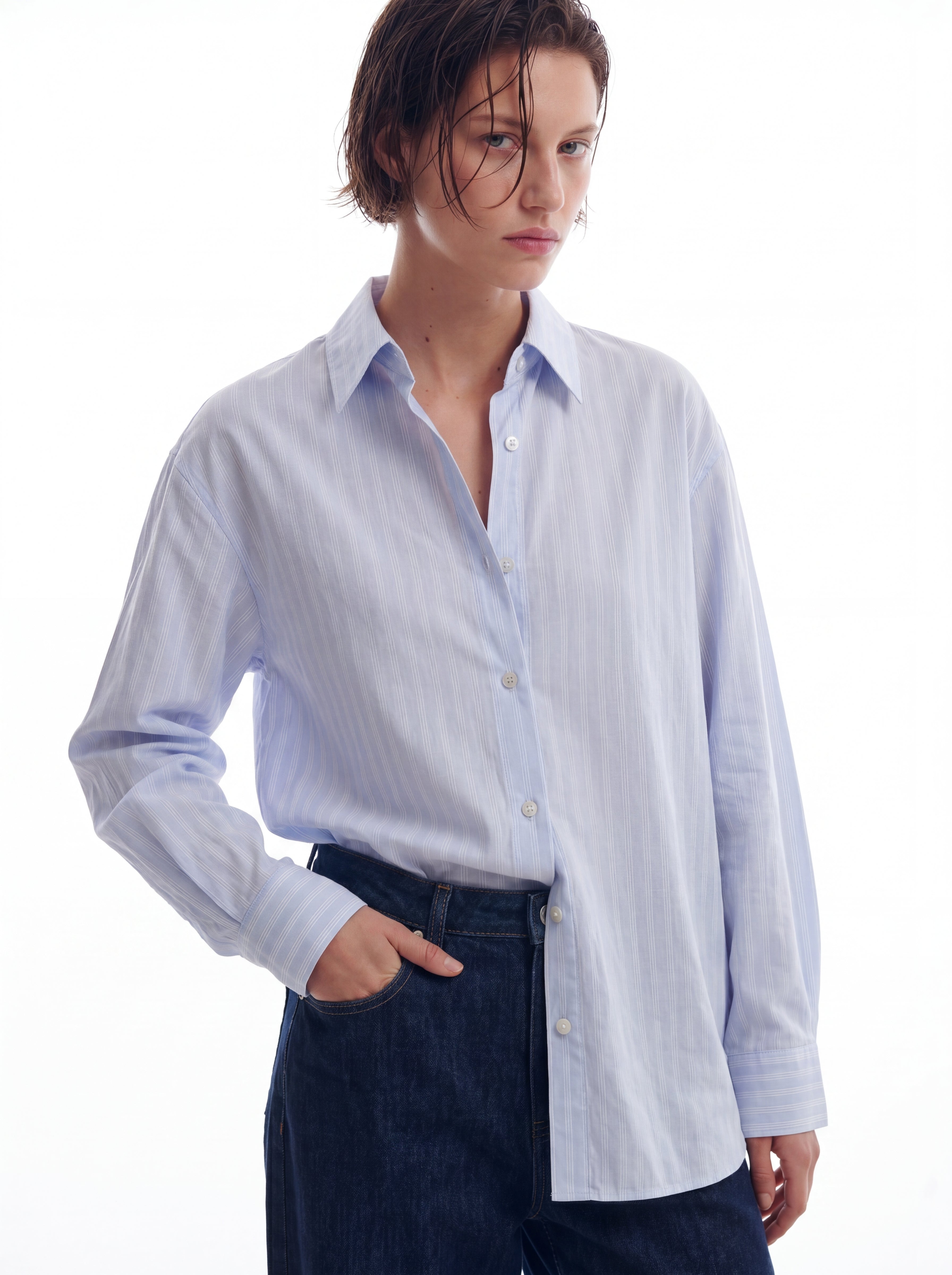 BRITISH POPLIN OVERSIZE CIZGILI GOMLEK MAVI