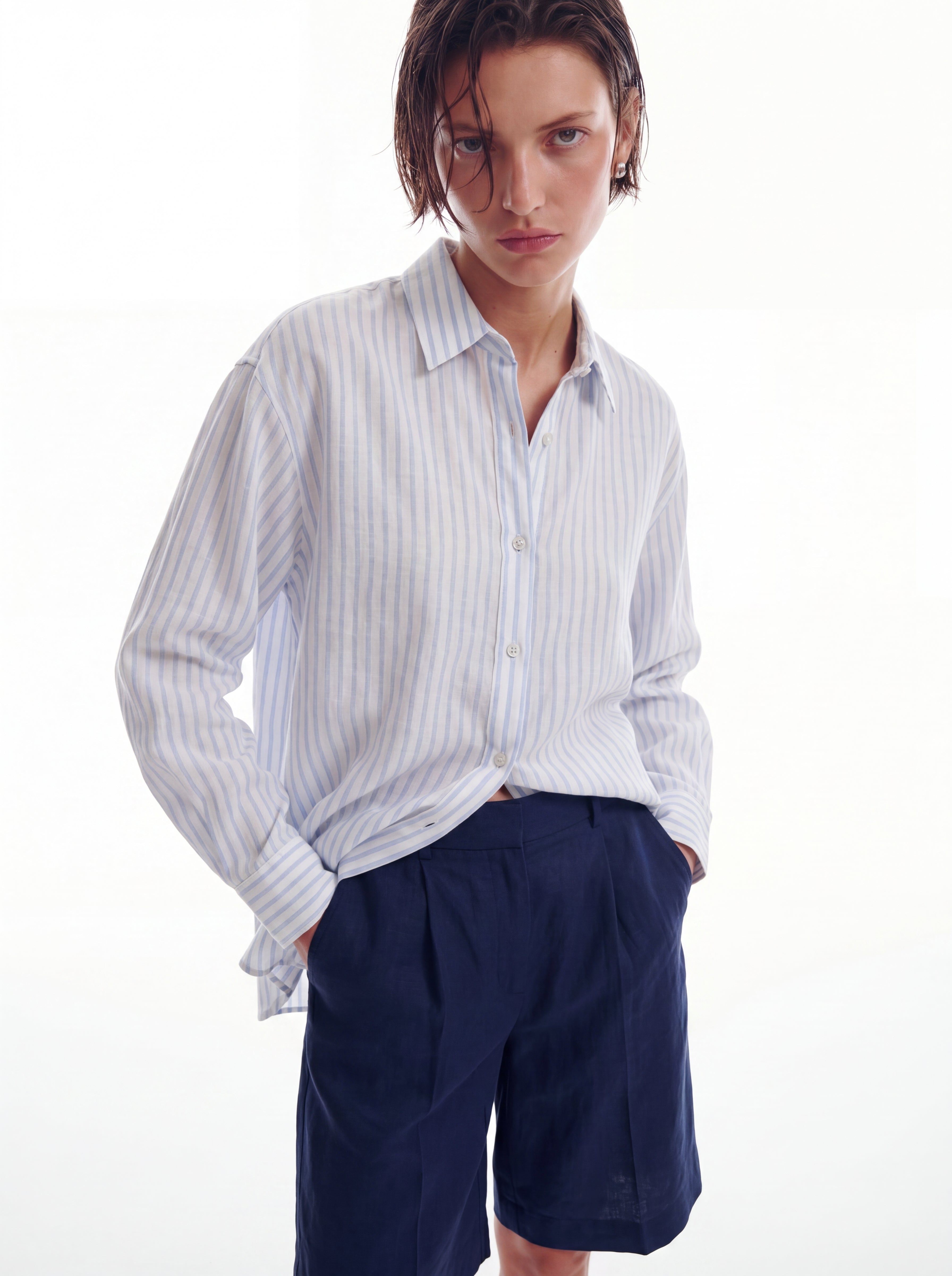 BRITISH POPLIN OVERSIZE CIZGILI GOMLEK BEYAZ