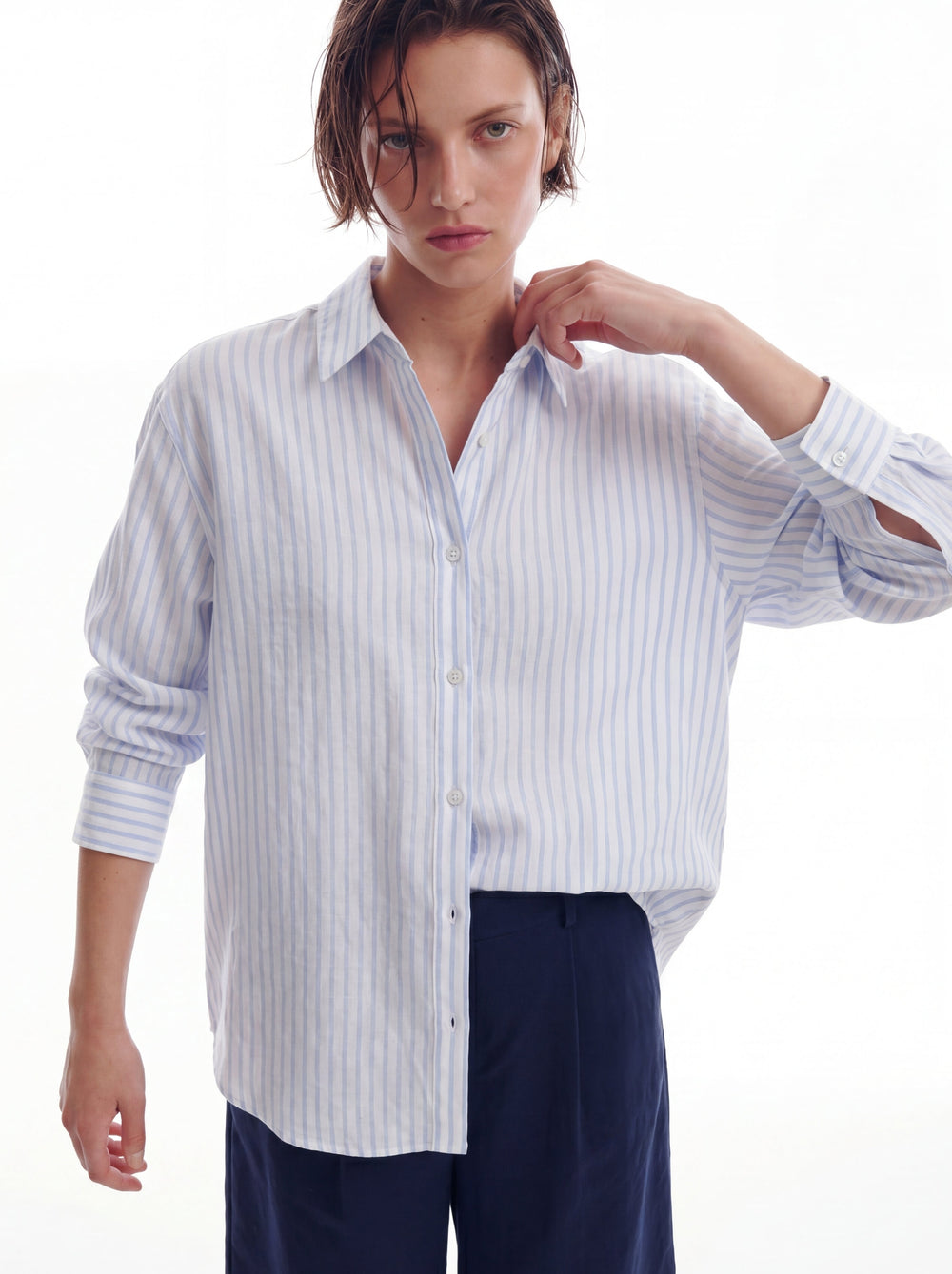 BRITISH POPLIN OVERSIZE CIZGILI GOMLEK BEYAZ