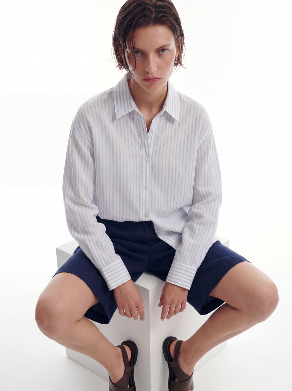 BRITISH POPLIN OVERSIZE CIZGILI GOMLEK BEYAZ