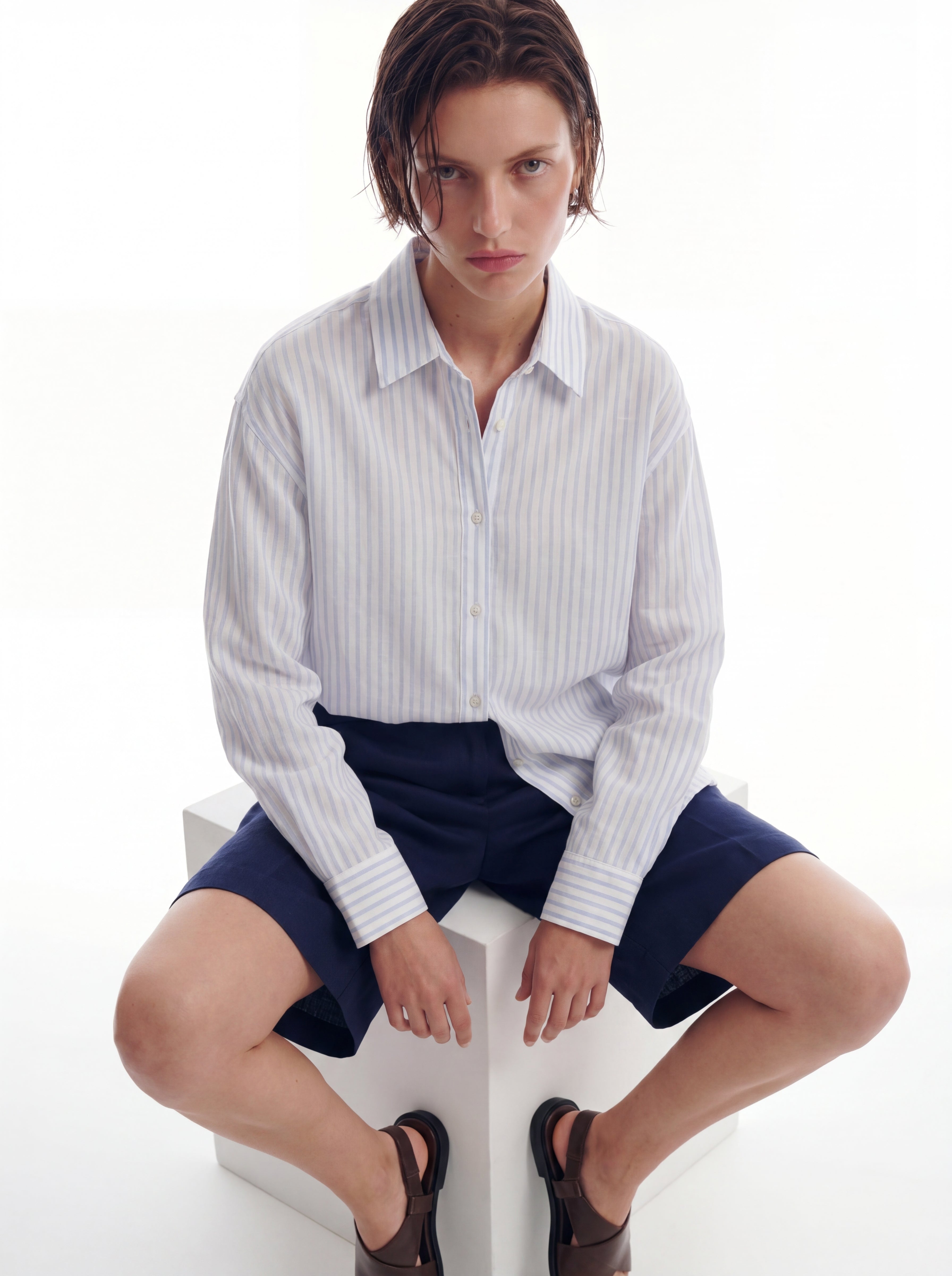 BRITISH POPLIN OVERSIZE CIZGILI GOMLEK BEYAZ