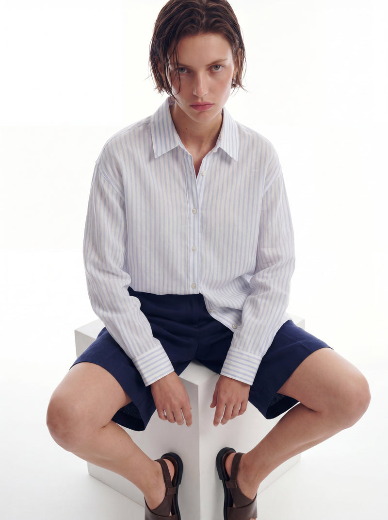 BRITISH POPLIN OVERSIZE CIZGILI GOMLEK BEYAZ