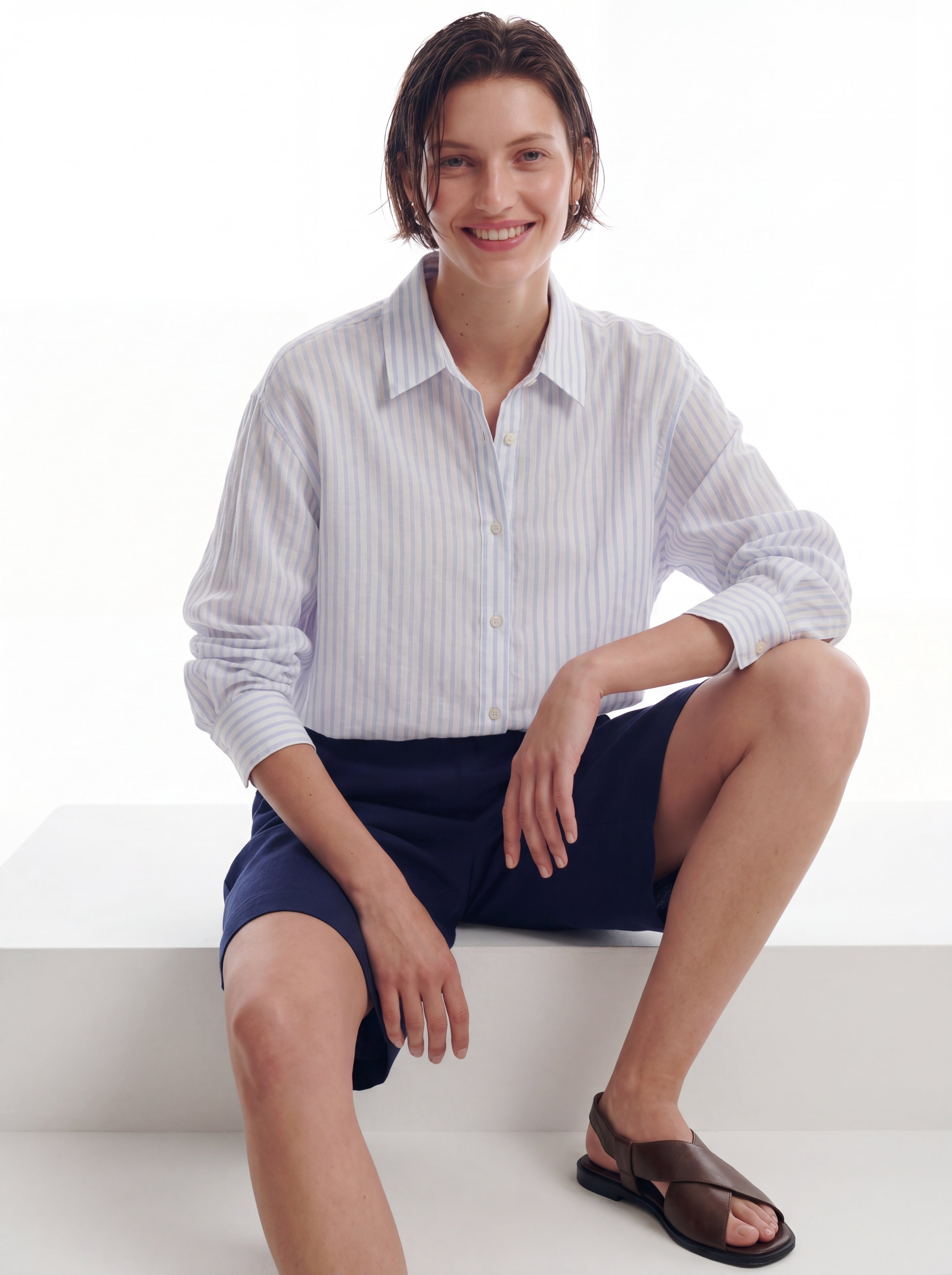 BRITISH POPLIN OVERSIZE CIZGILI GOMLEK BEYAZ