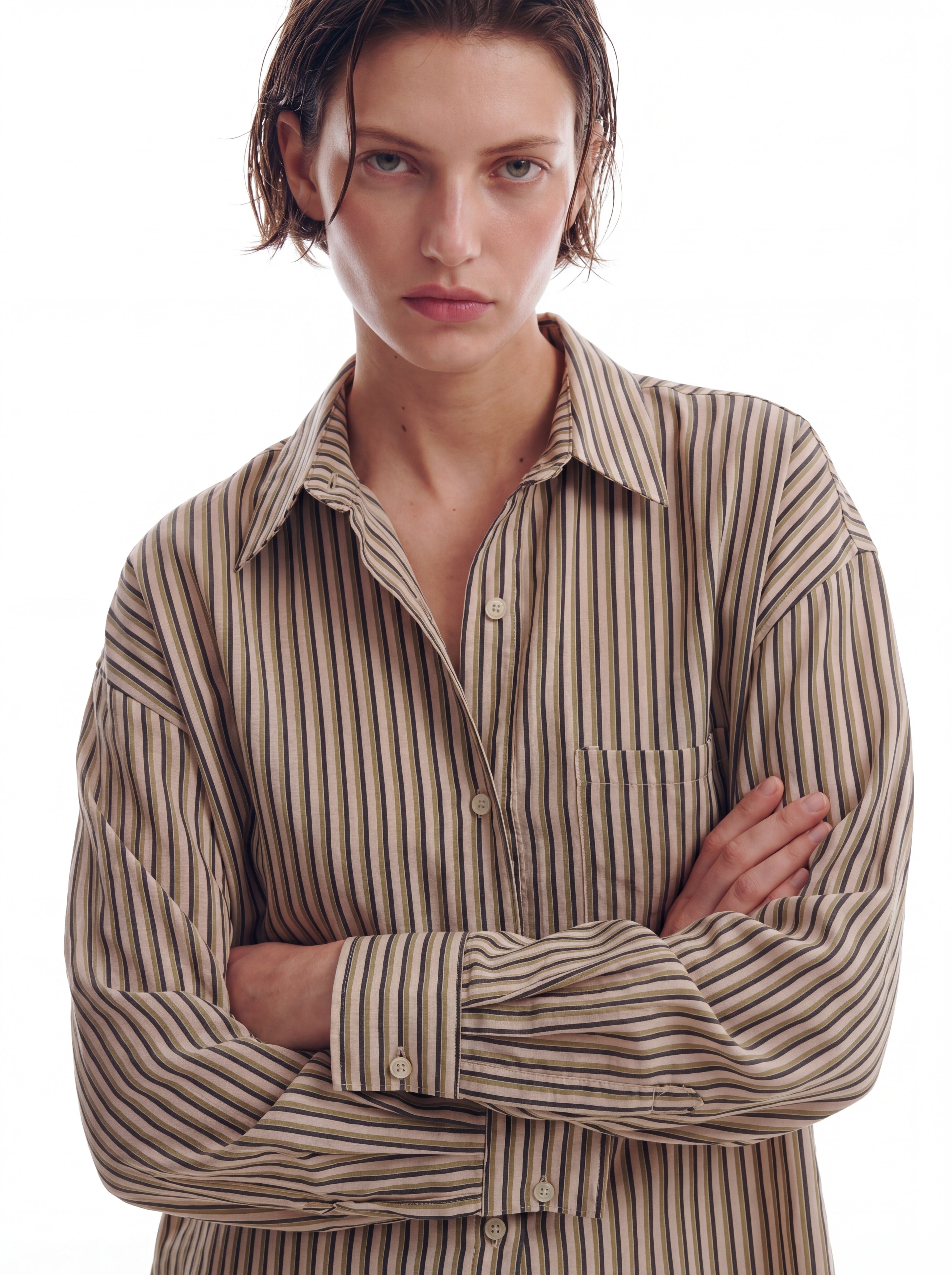 DOKUMLU CIZGILI TENCEL GOMLEK