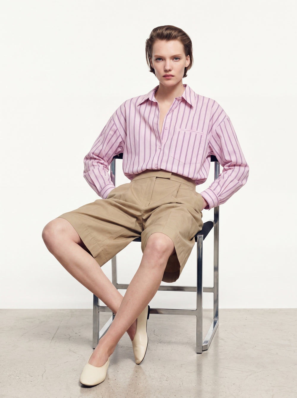 CEP DETAYLI CIZGILI POPLIN GOMLEK PEMBE