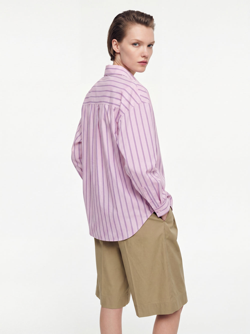 CEP DETAYLI CIZGILI POPLIN GOMLEK PEMBE