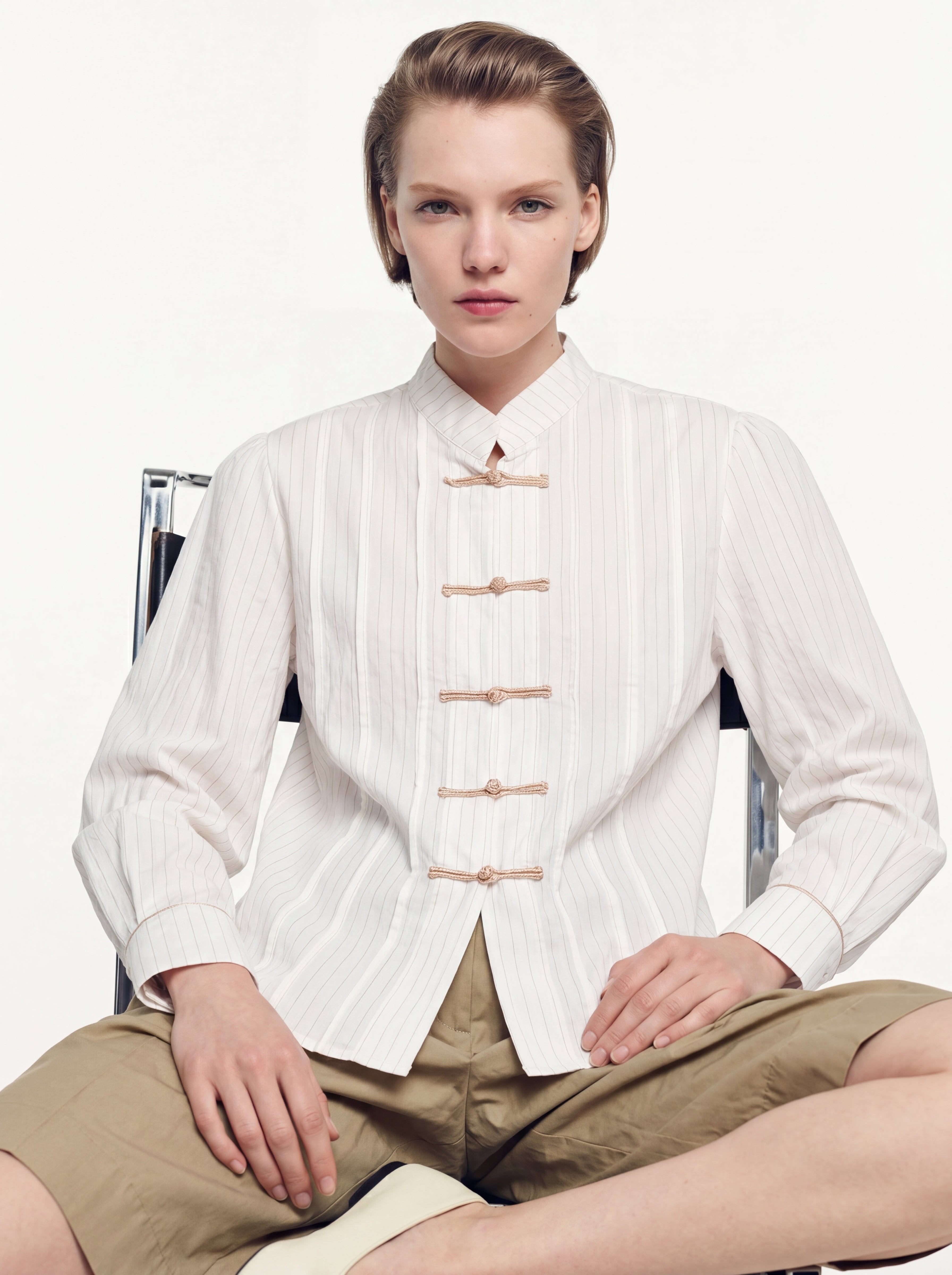 HAKIM YAKA CIZGILI GOMLEK CEKET KREM