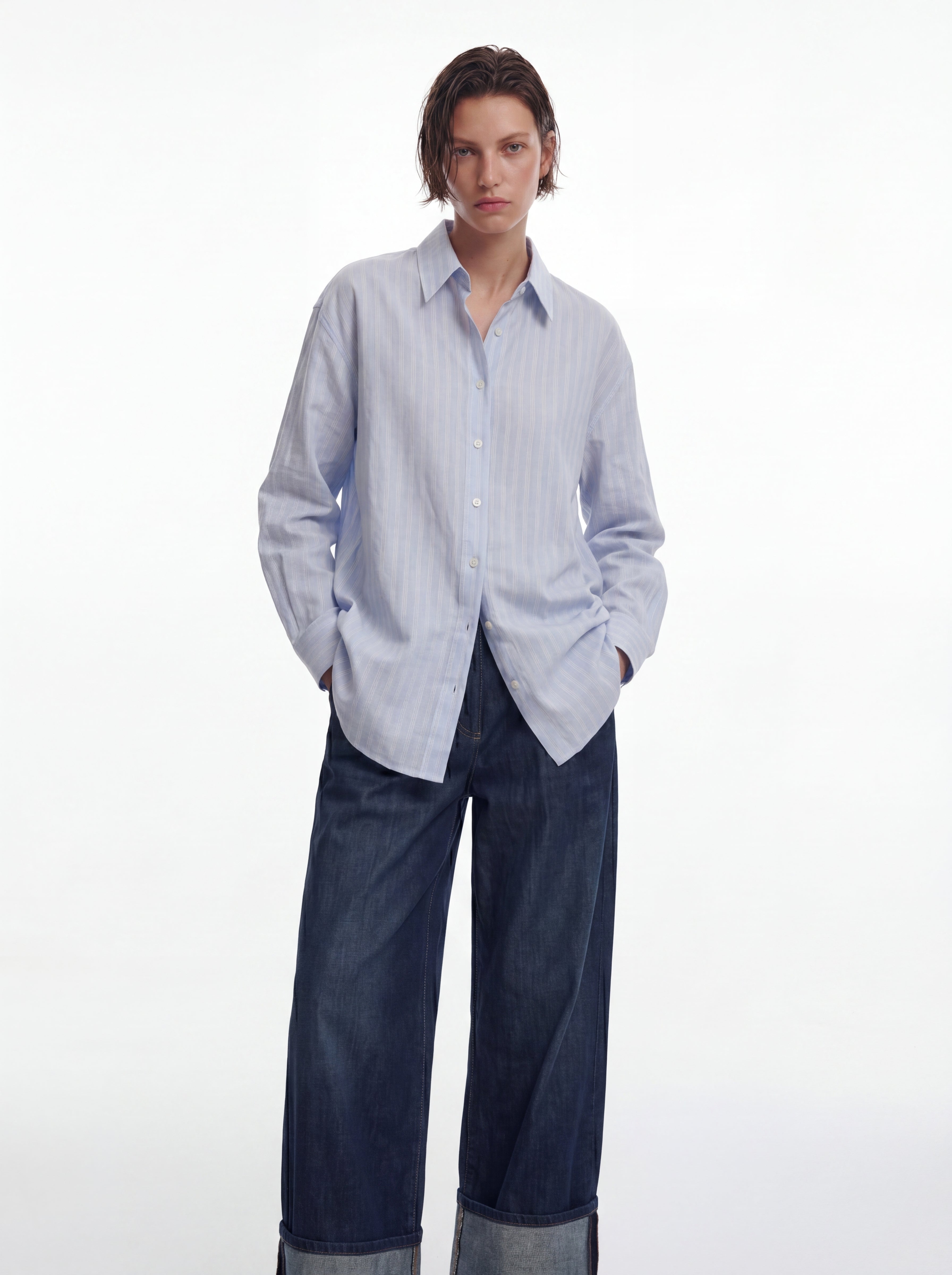 BRITISH POPLIN OVERSIZE CIZGILI GOMLEK MAVI