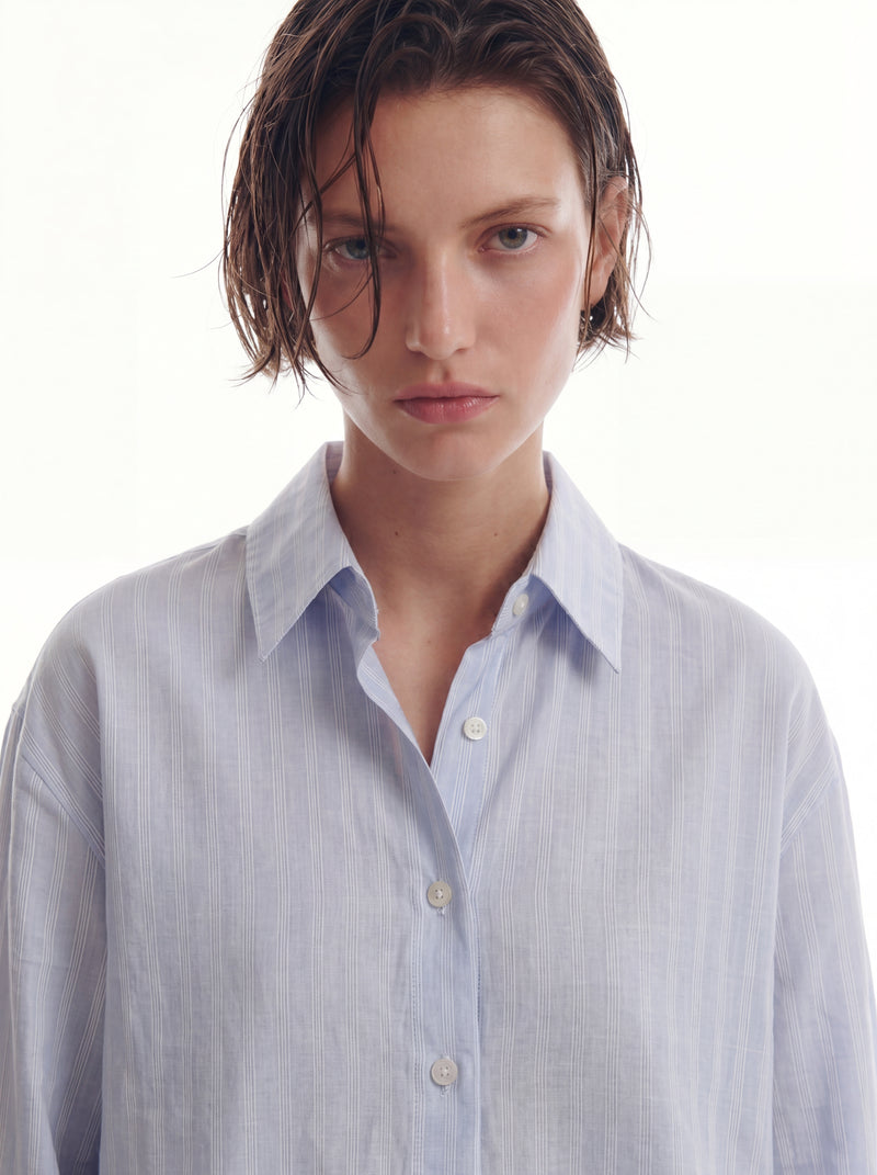 BRITISH POPLIN OVERSIZE CIZGILI GOMLEK MAVI