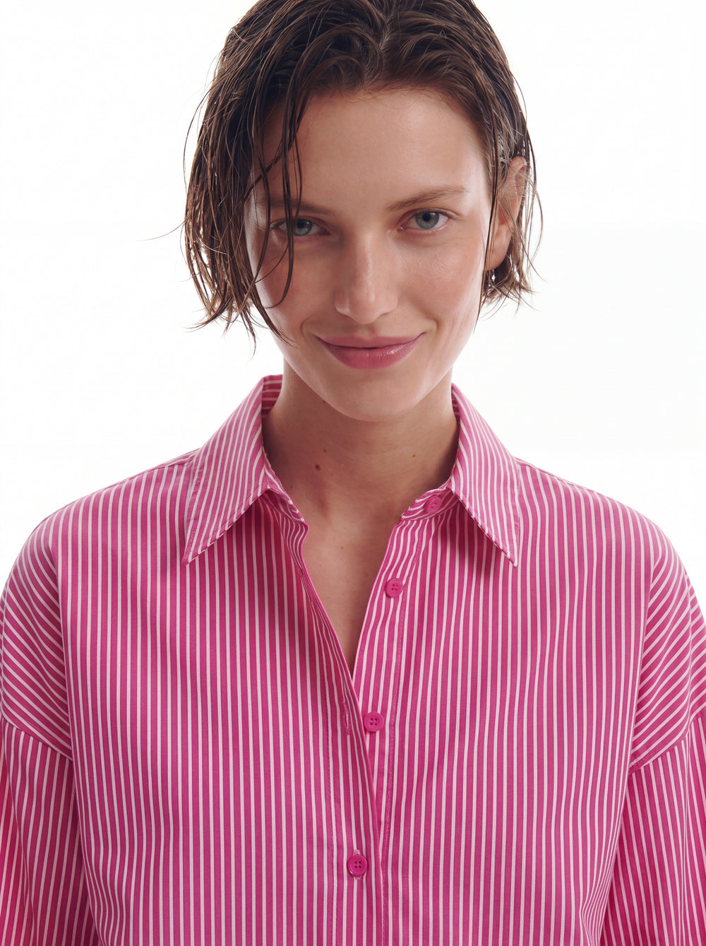 KLASIK YAKA OVERSIZE CIZGILI POPLIN GOMLEK FUSYA