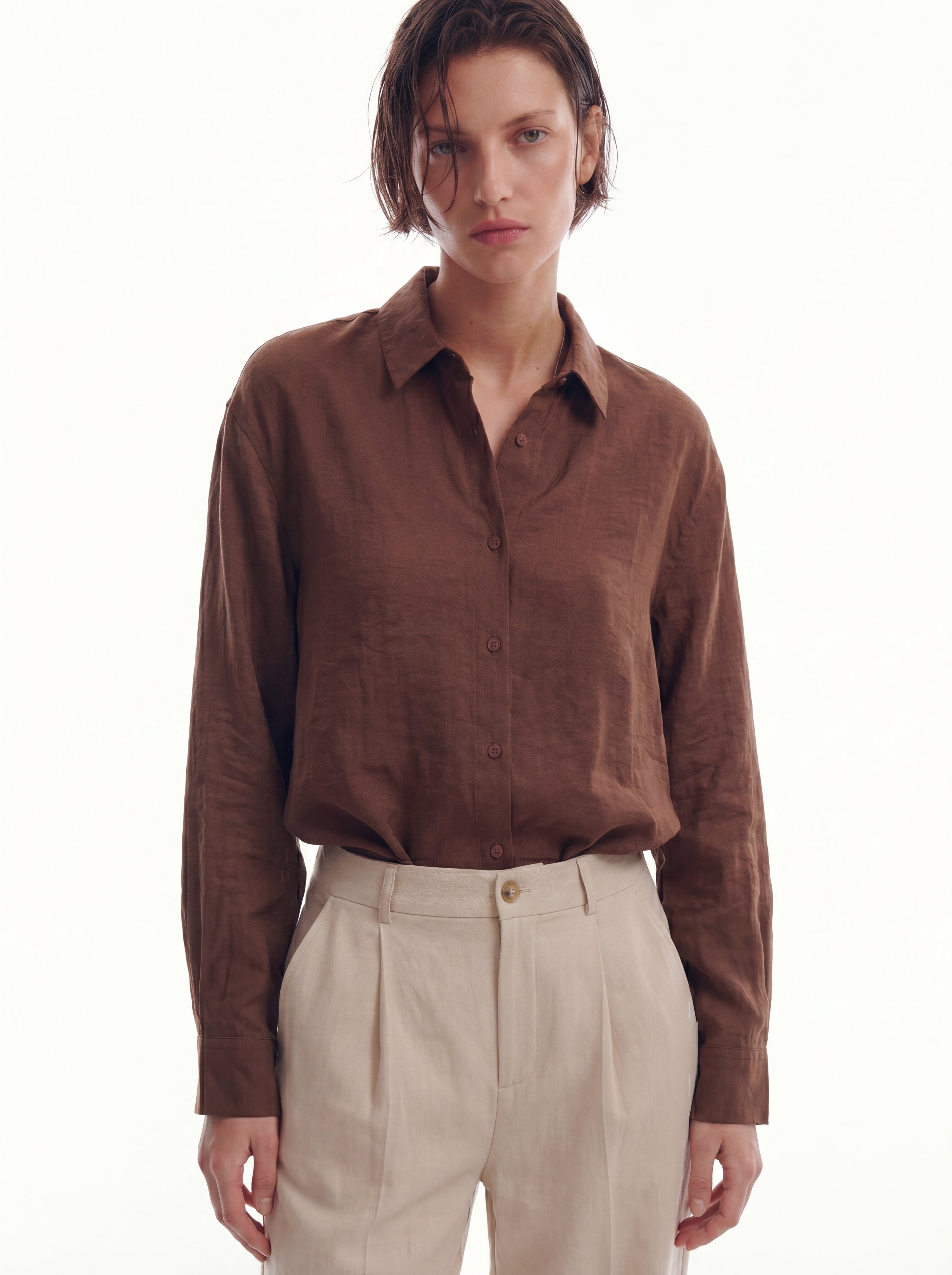 DOKUMLU TENCEL GOMLEK AMBER CAMEL