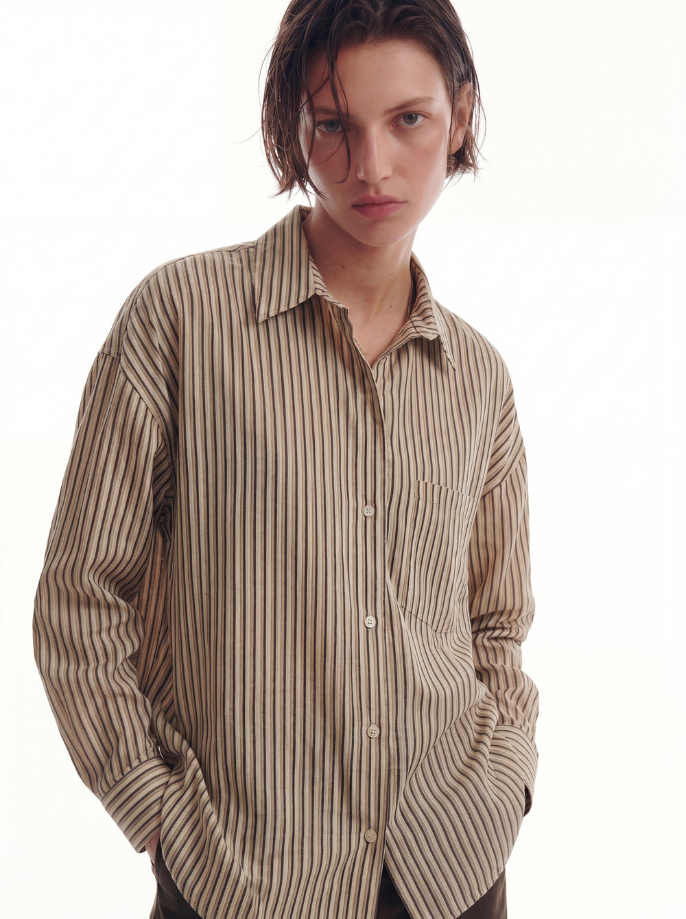 DOKUMLU CIZGILI TENCEL GOMLEK