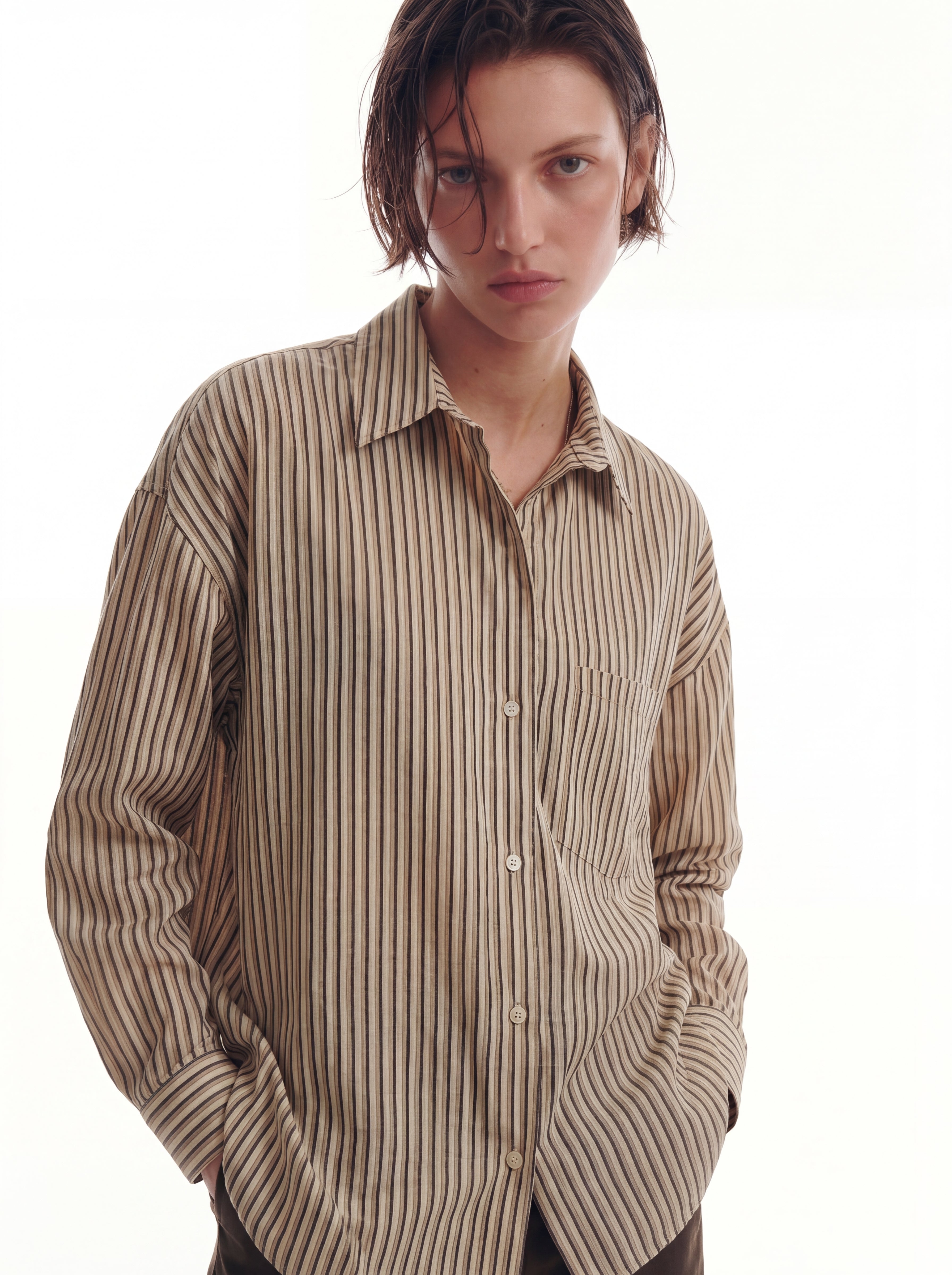 DOKUMLU CIZGILI TENCEL GOMLEK