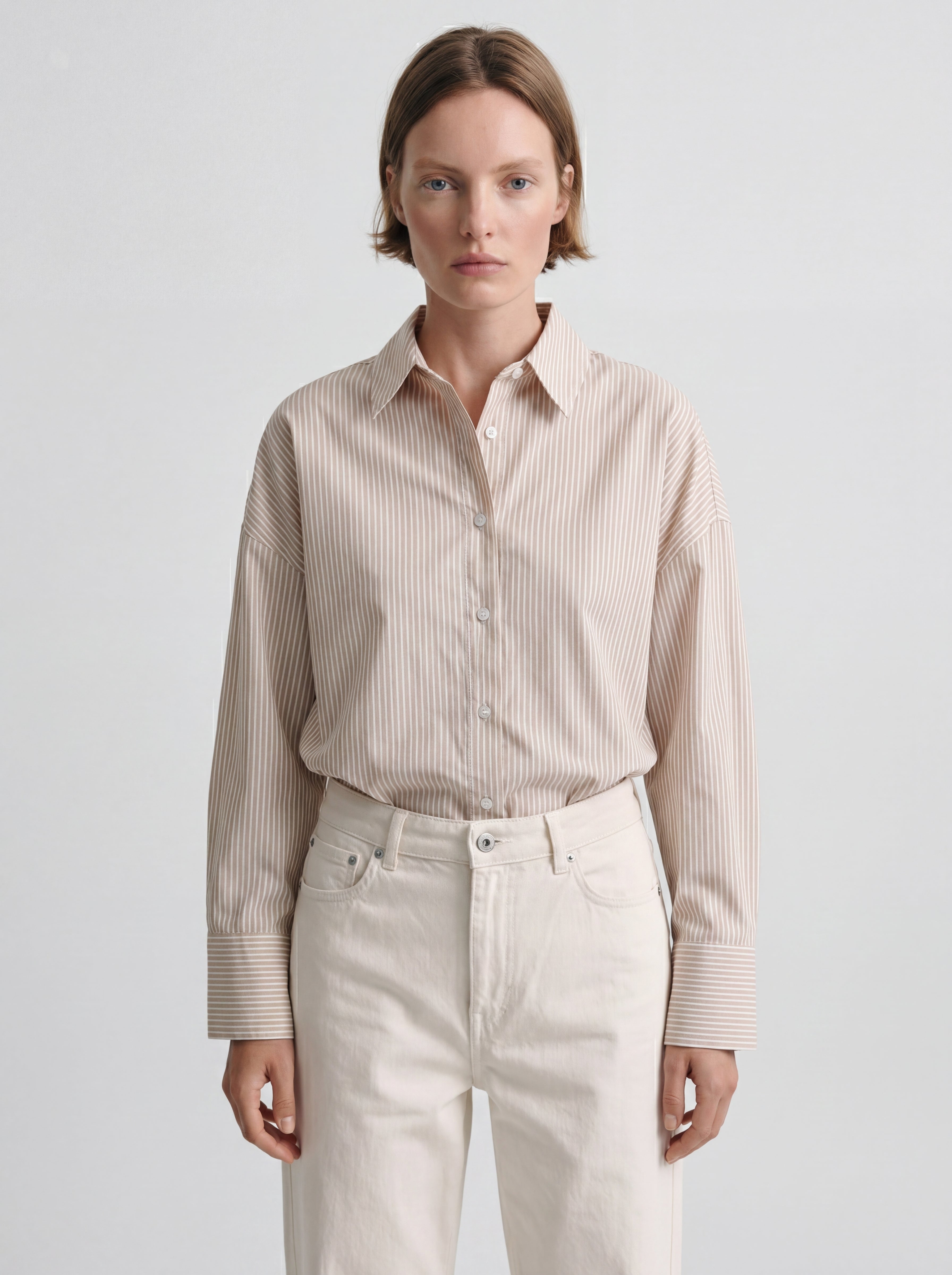KLASIK YAKA OVERSIZE CIZGILI POPLIN GOMLEK BEIGE