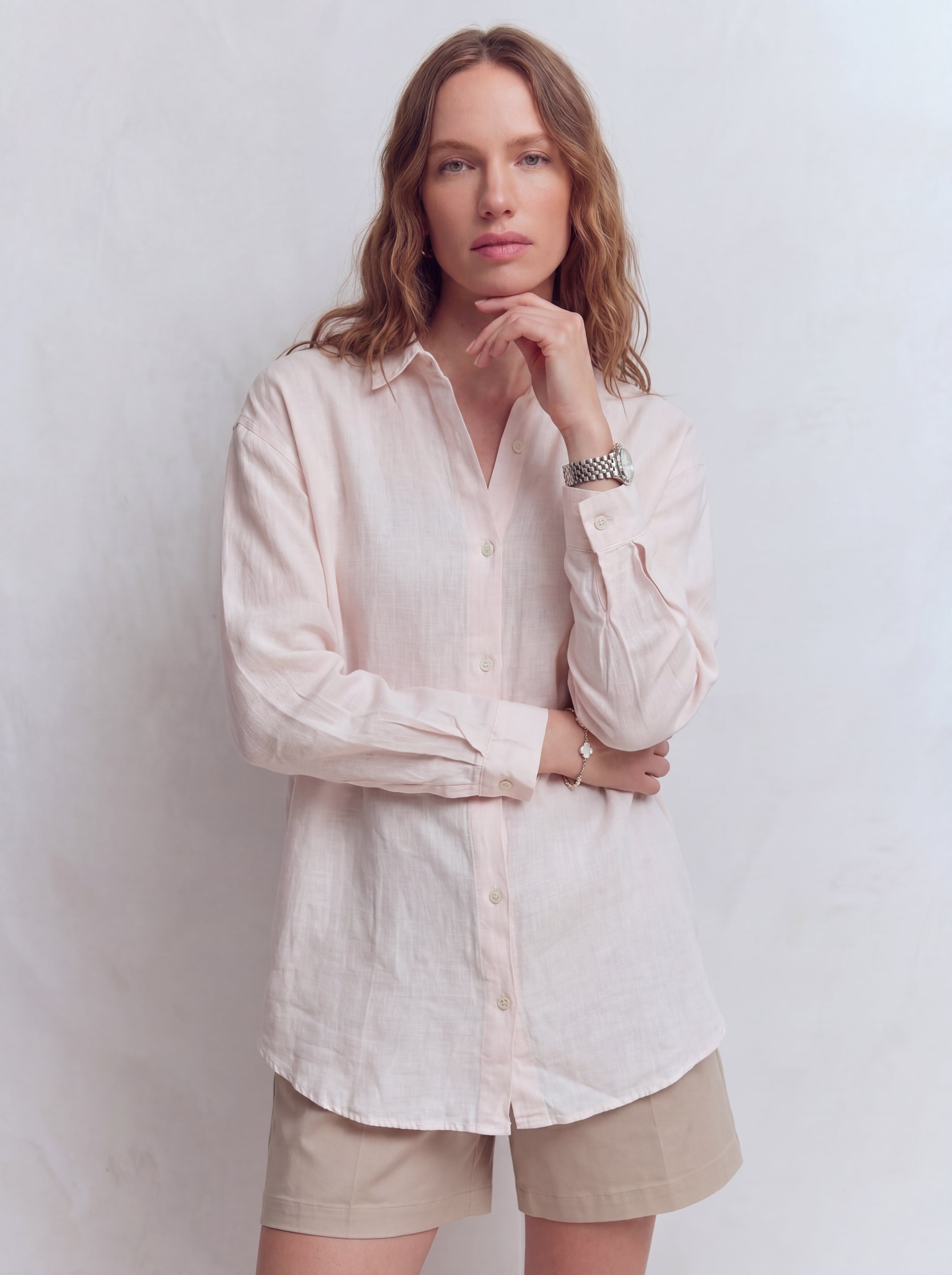 DOKUMLU %100 YIKANMIS KETEN GOMLEK PEMBE